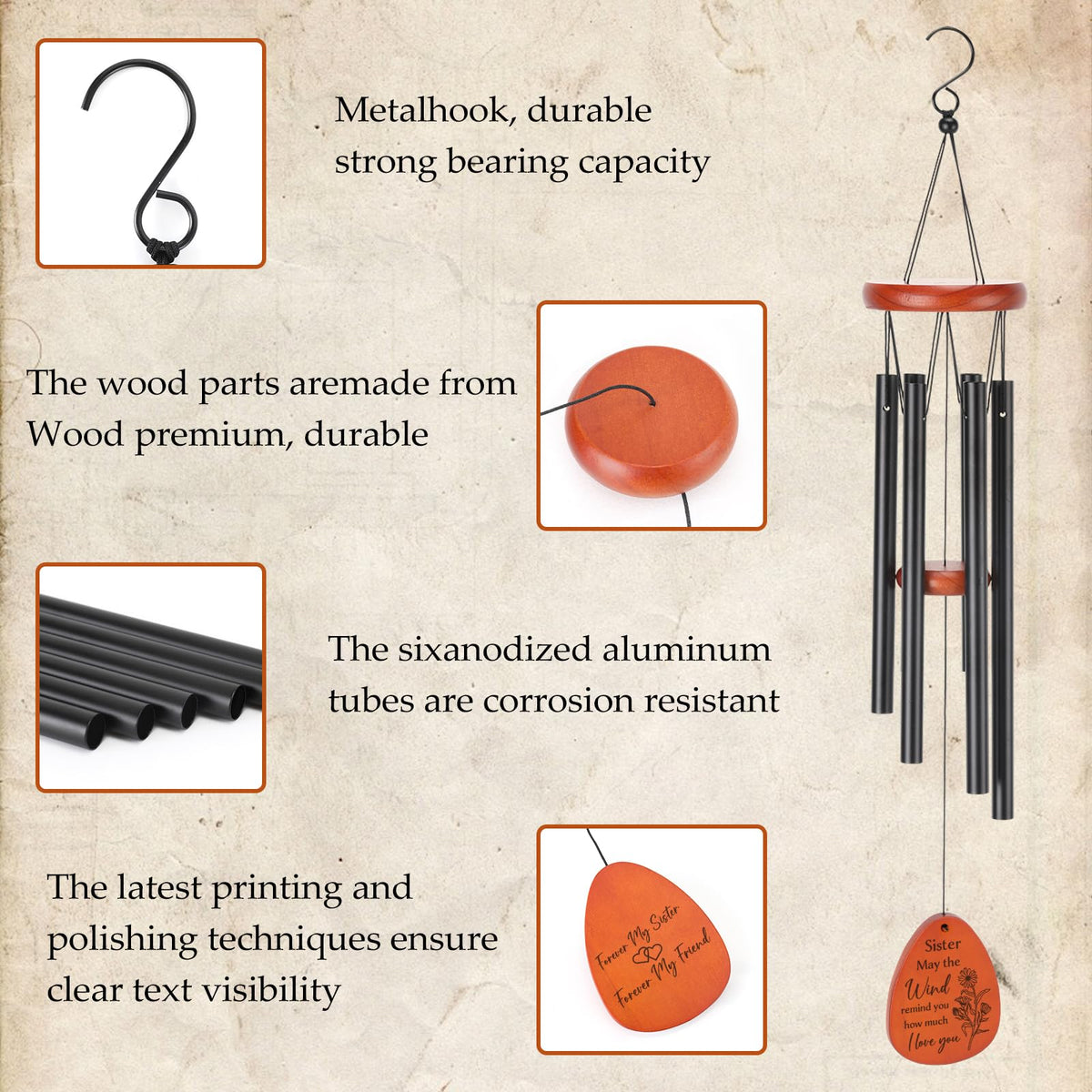 SIDATYSTAR natural pine wood wind chime with durable design