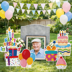 Sieral balloon-pattern sign brightens outdoor memorials with respectful energy.