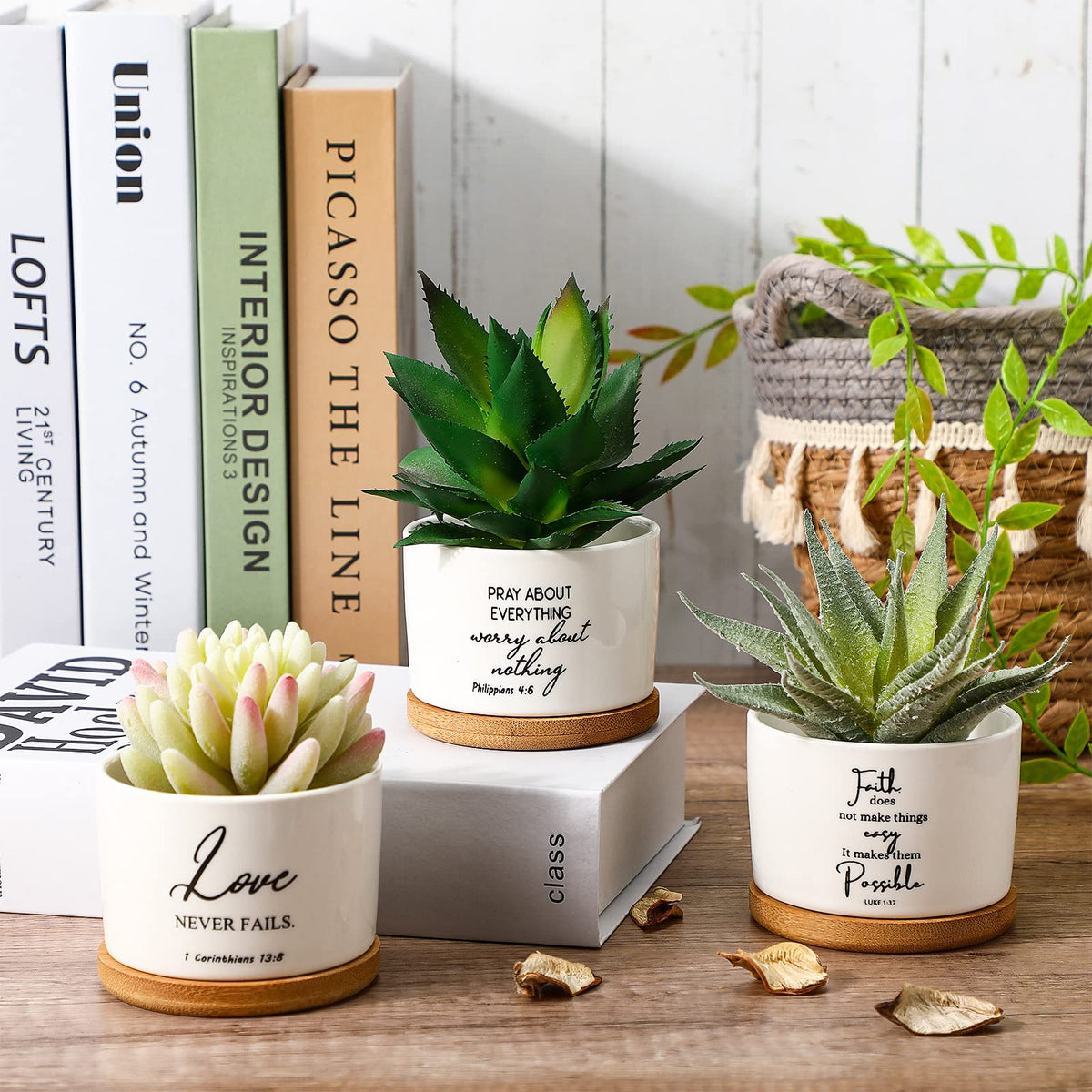 Sieral Bible verse succulent pot on table decor, perfect for living rooms.