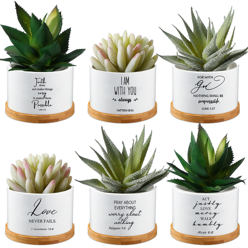 Sieral Bible verse succulent pot white front view, ideal for compact plant displays.