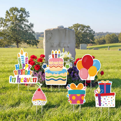 Sieral colorful polka-dot gift box sign adds cheerful memorial display.