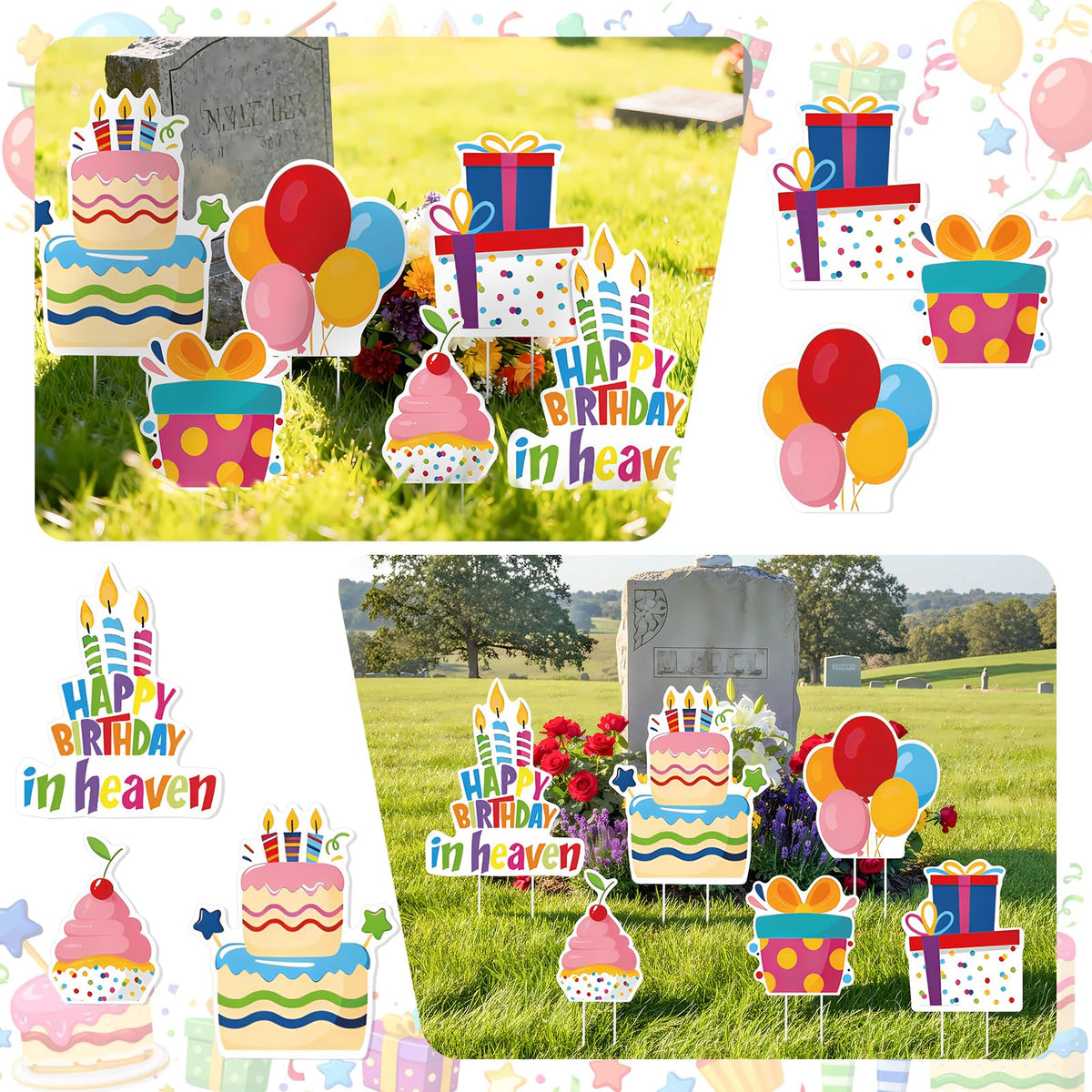 Sieral cupcakes-pattern sign adds warm, celebratory mood to remembrance.