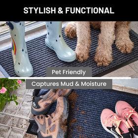 Ribbed polyester doormat by Sierra Concepts, designed to scrape debris from shoes.