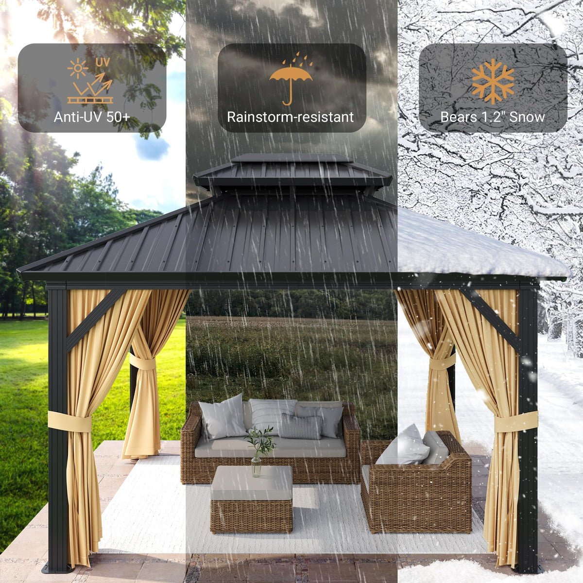 SierraSquad waterproof curtains provide privacy and weather protection.