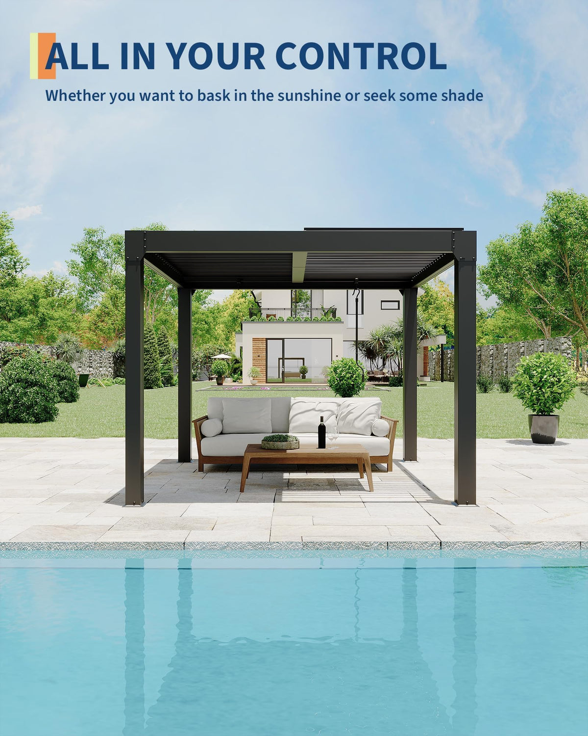 Sierrasquad patio dining under pergola creates inviting outdoor space.