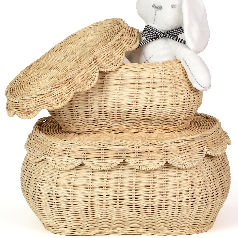 SIEUSALEVN scalloped rattan basket with lid, 2-piece set for tidy storage.
