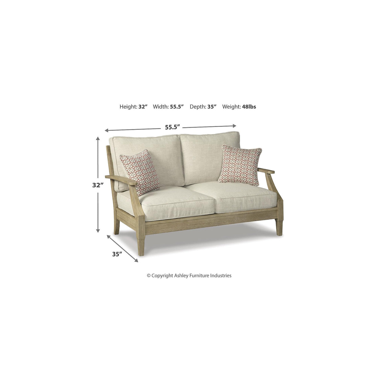 Clare View loveseat cushions in Nuvella fabric resist fading and are easy to clean