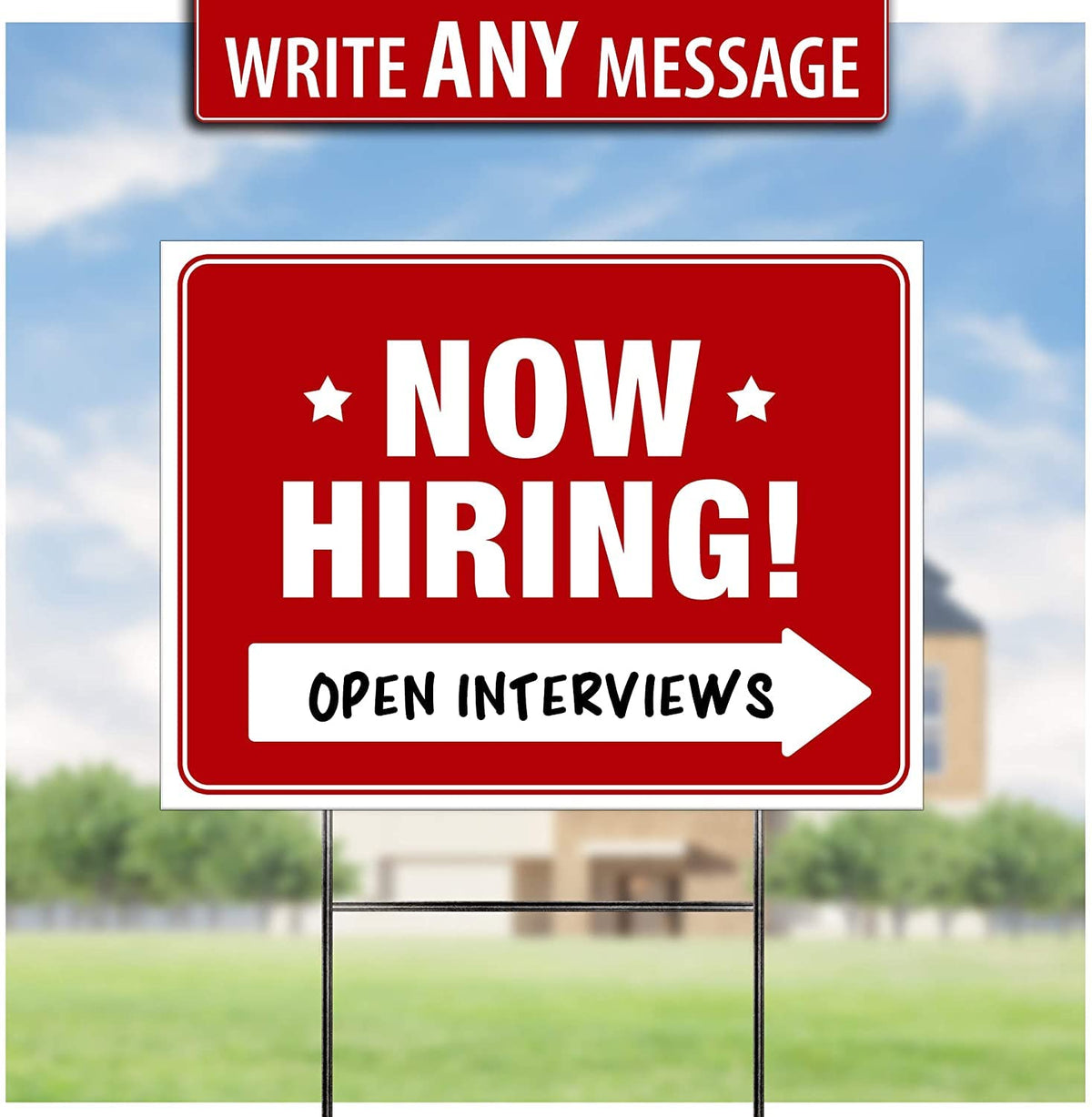 SignHero Now Hiring Signs featuring directional arrows to guide candidates to your business.