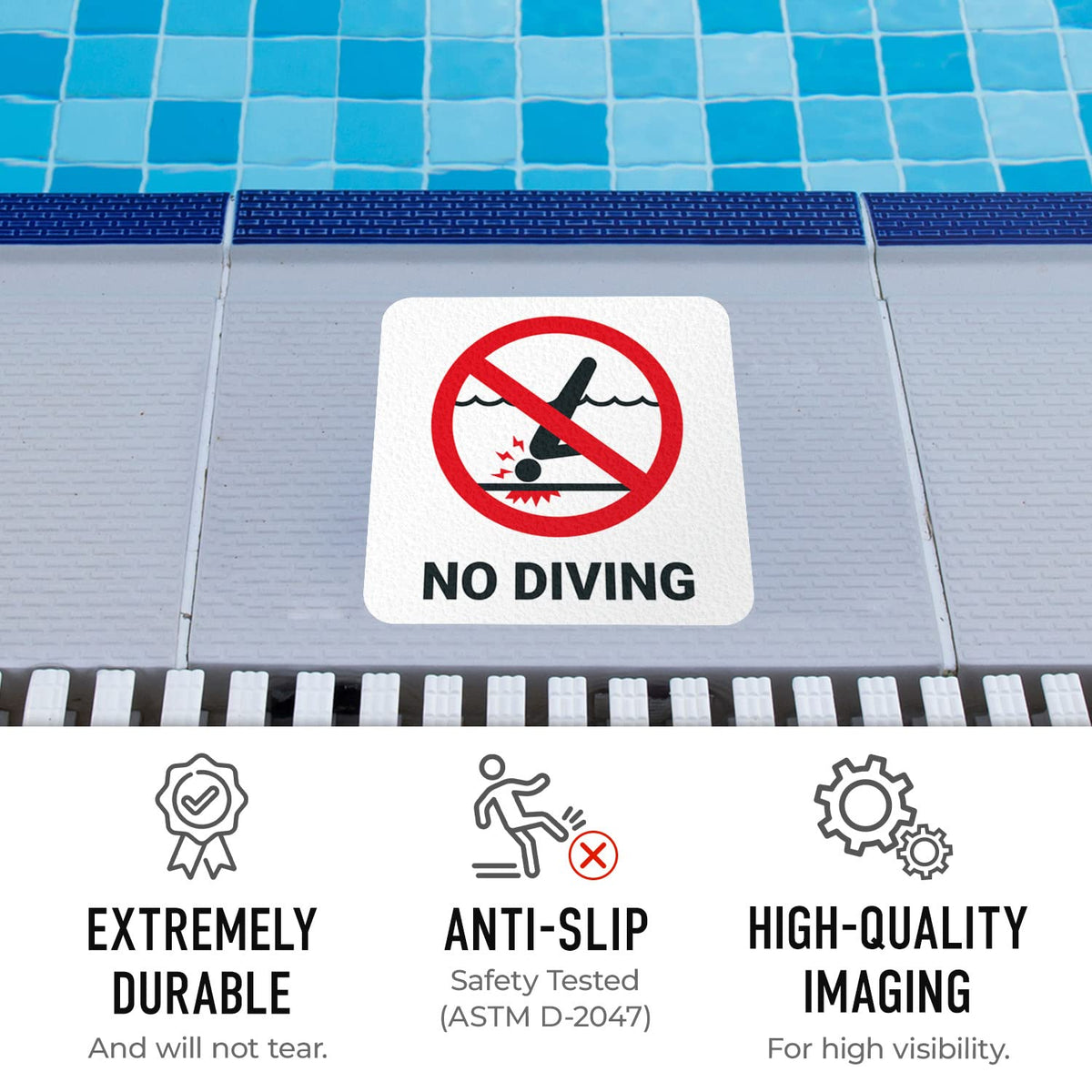 Sigo Signs SI-7450 marker demonstrates easy peel-and-stick installation on pool surfaces.