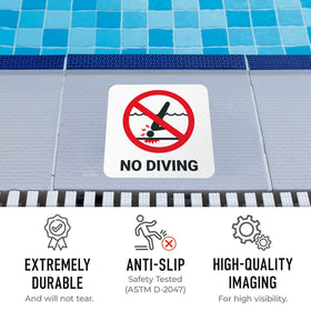 Sigo Signs SI-7450 marker demonstrates easy peel-and-stick installation on pool surfaces.