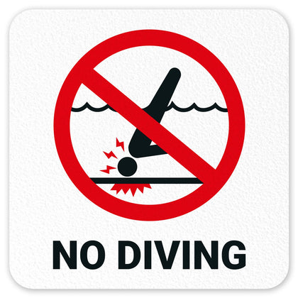 Sigo Signs No-Diving marker close-up shows rugged adhesive vinyl for pool edges.