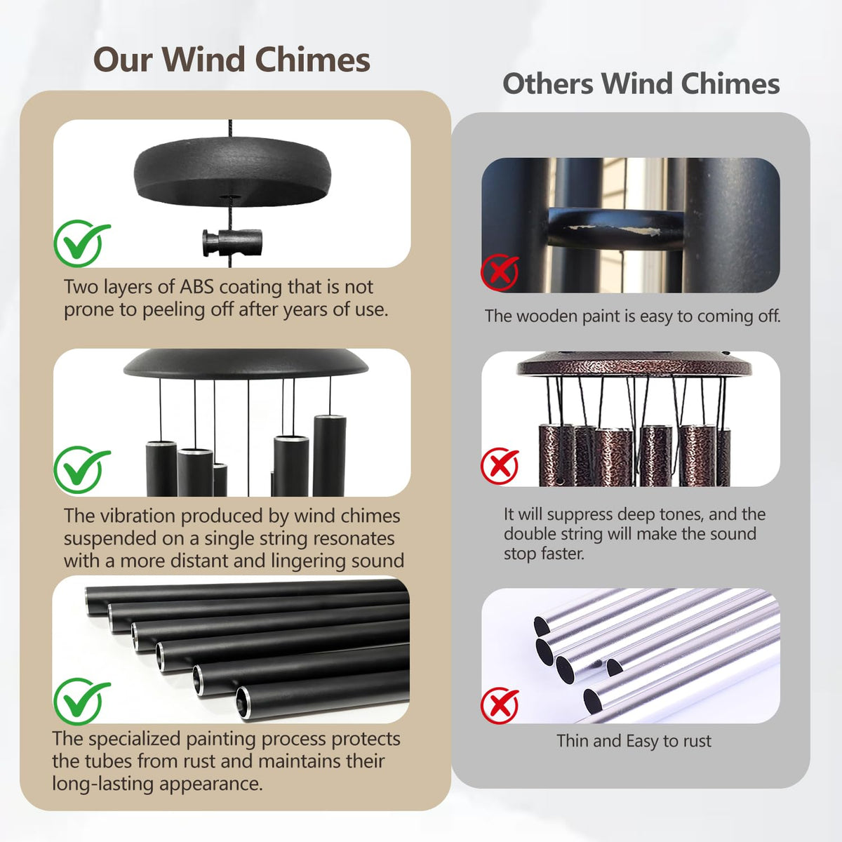 Six-tube matte black wind chime designed for deep outdoor tones.
