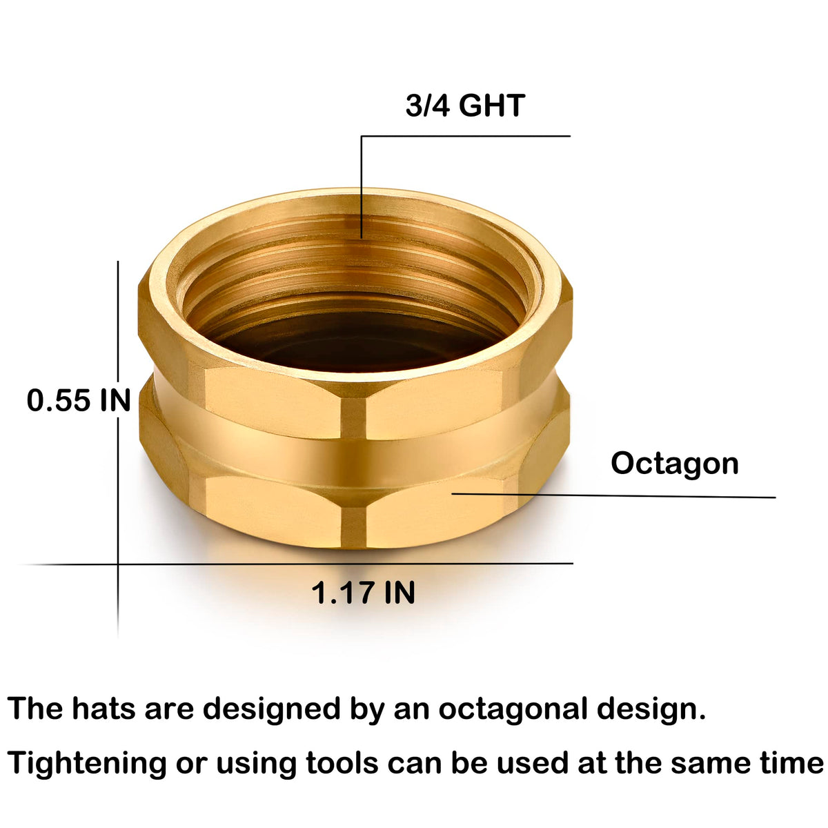 SIGURANTA brass end cap for hoses, side-fit image, fits 3/4 inch threads.