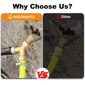 Siguranta garden hose splitter brass construction ensures outdoor durability.