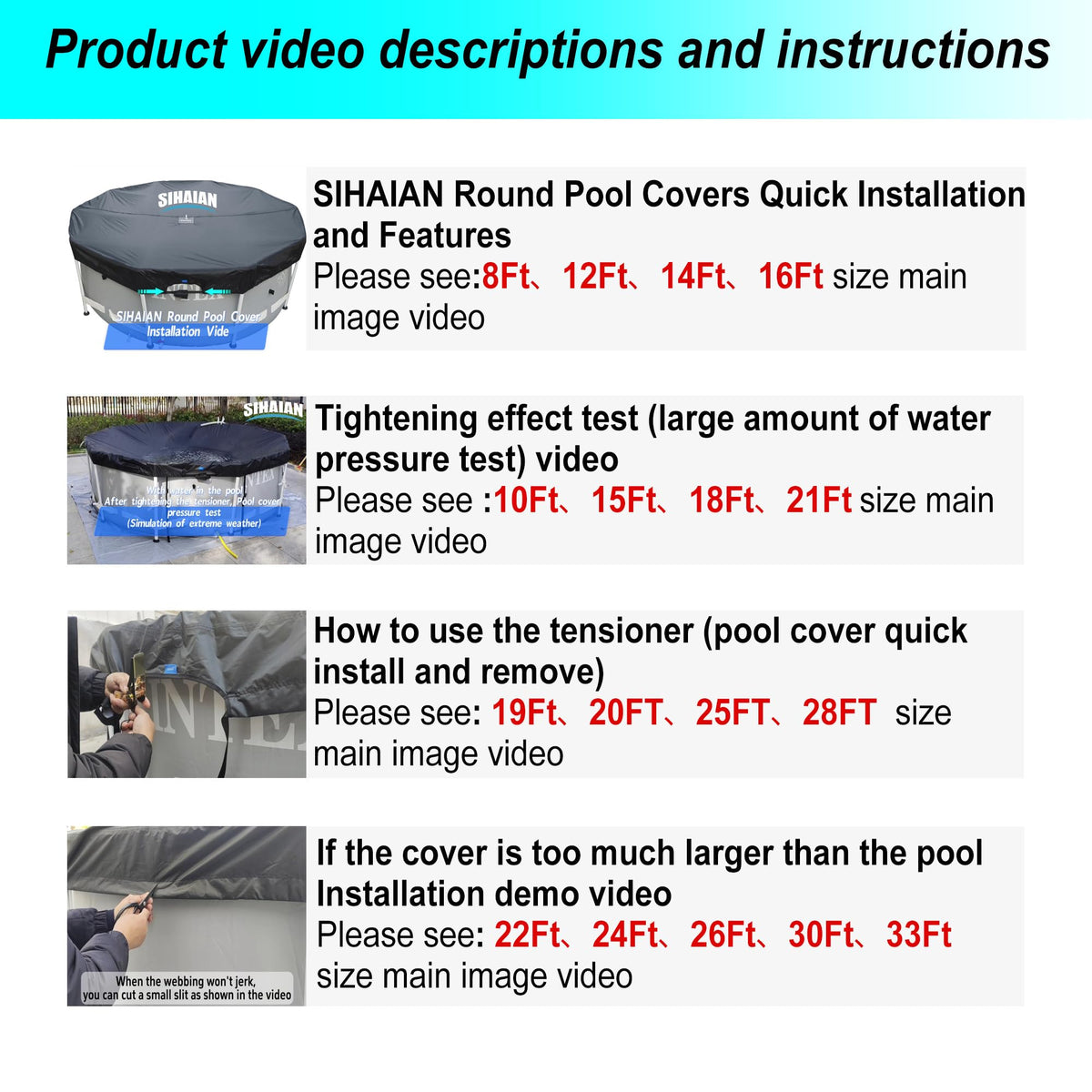 One-person deployment of SIHAIAN pool cover with built-in webbing and tensioner