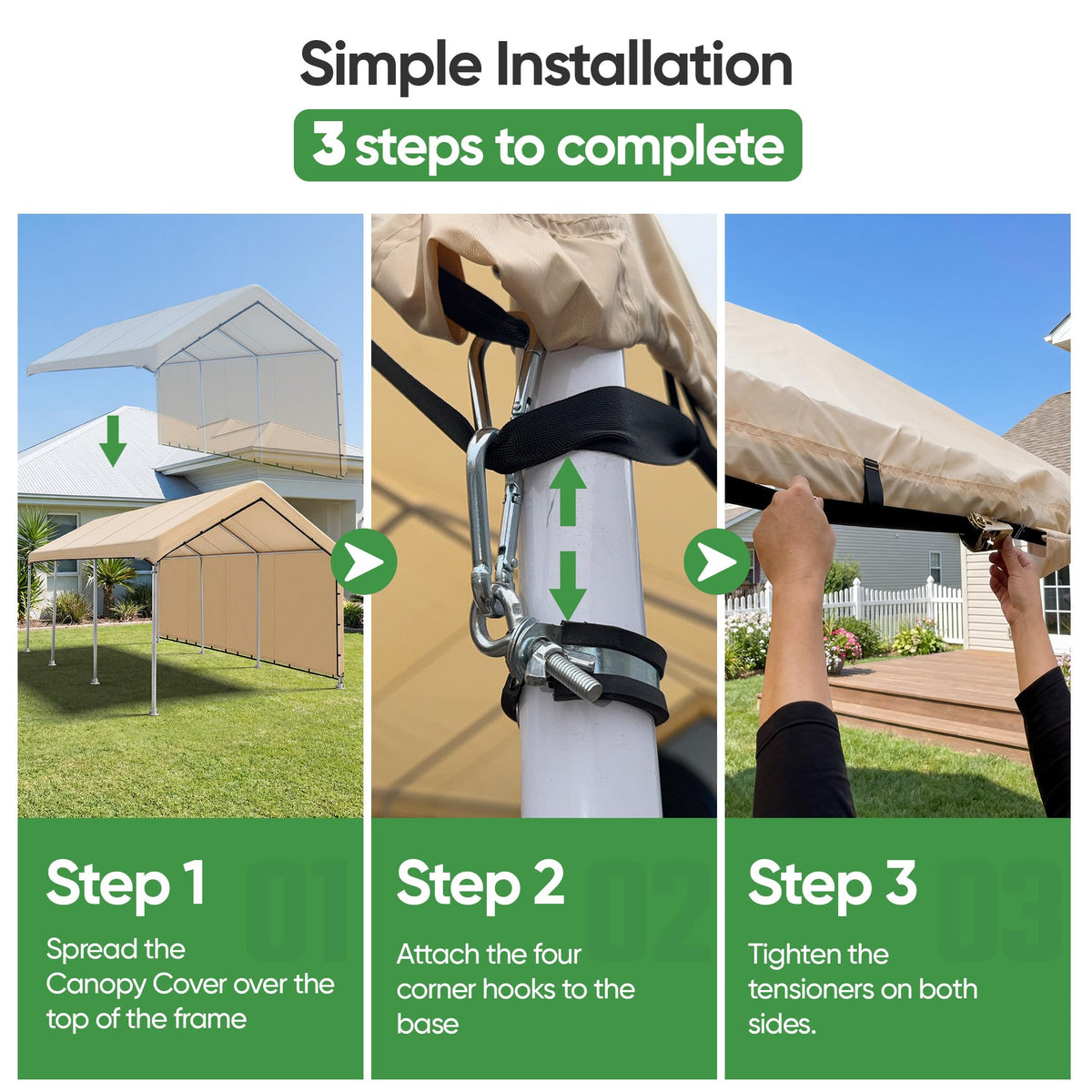 Four corners secured and side tensioners show quick, stable installation