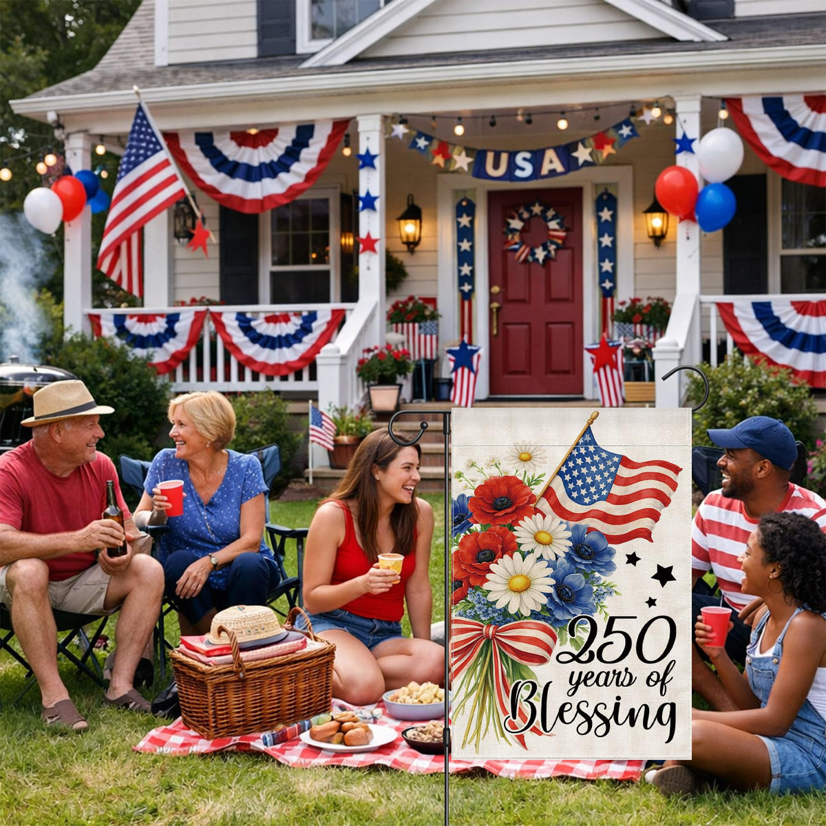 Siilues flag at barbecues and yard parties creates a warm backdrop.