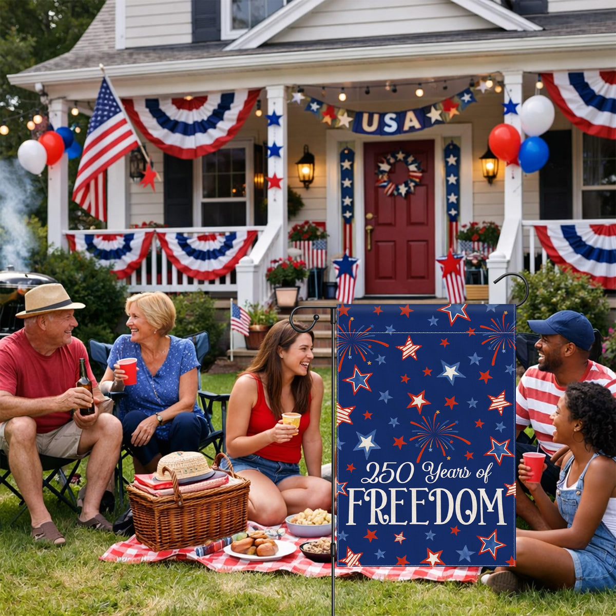 Siilues 250th anniversary flag creates a festive outdoor backdrop.