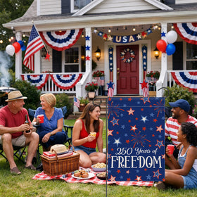 Siilues 250th anniversary flag creates a festive outdoor backdrop.