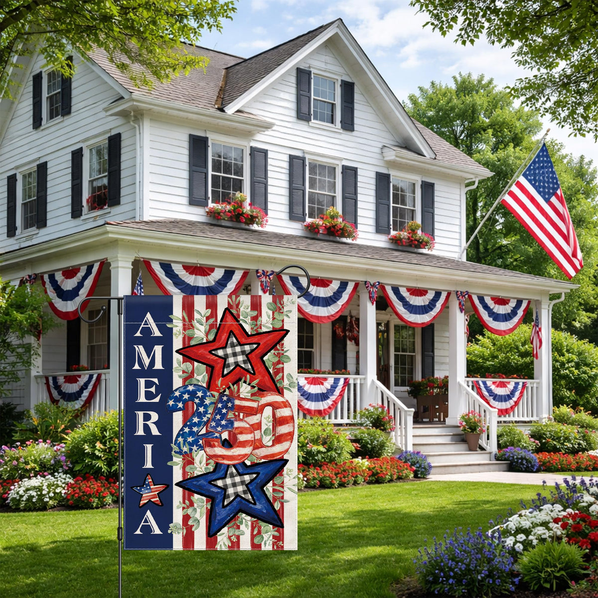 Siilues patriotic flag decor for gardens, patios, or balconies.