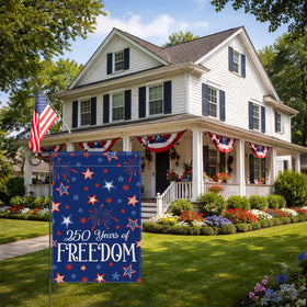 Siilues patriotic flag outdoors with vivid blue and red colors on both sides.