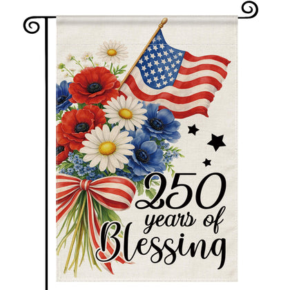 Siilues 250th birthday flag on garden display for outdoor celebrations.
