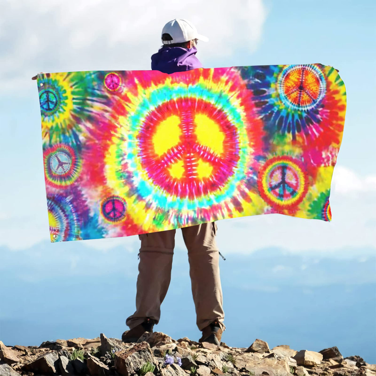 Siiuuol Tie Dye Peace Flag with metal grommets for easy setup.