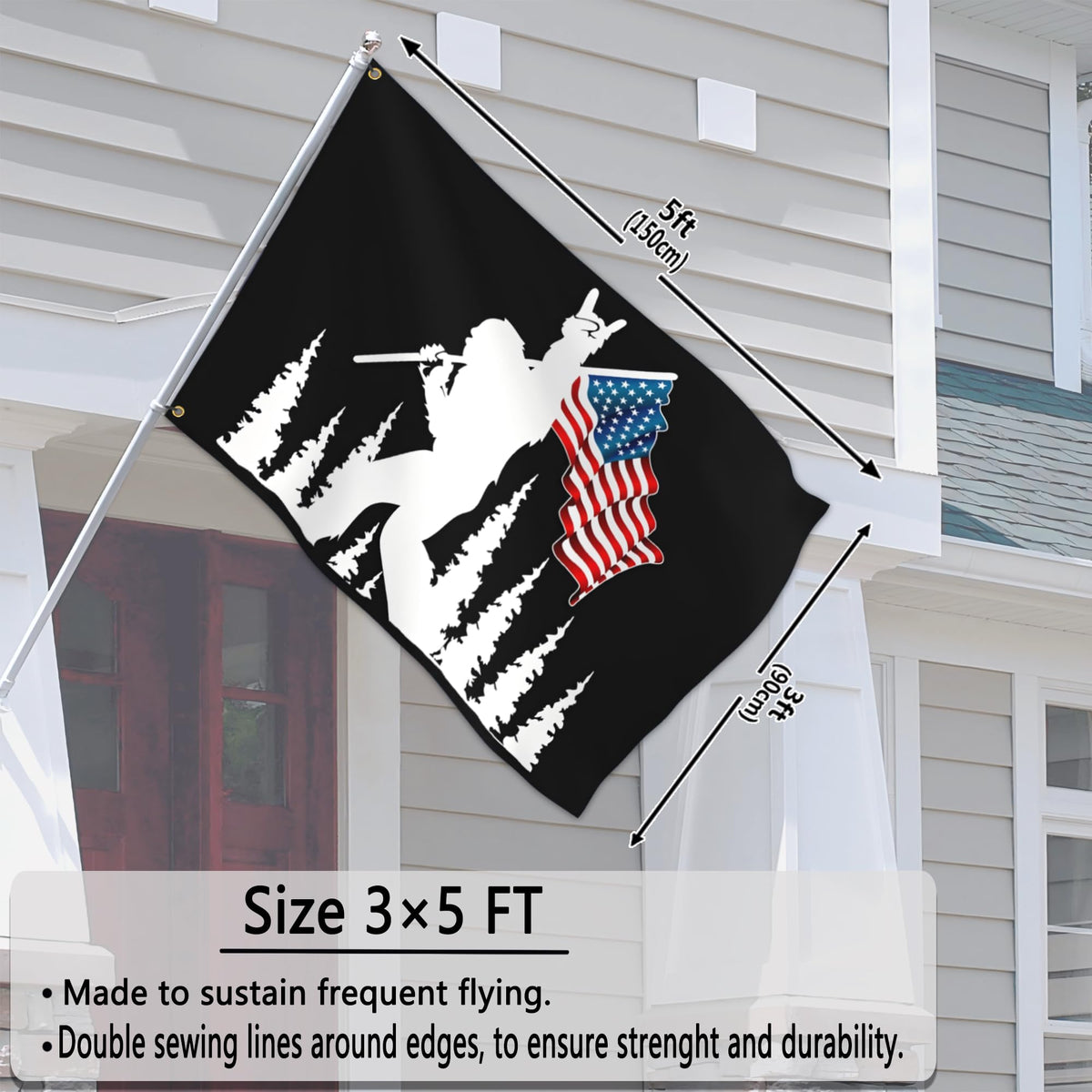 Siixoi Bigfoot flag hanging in yard adds playful outdoor decor.