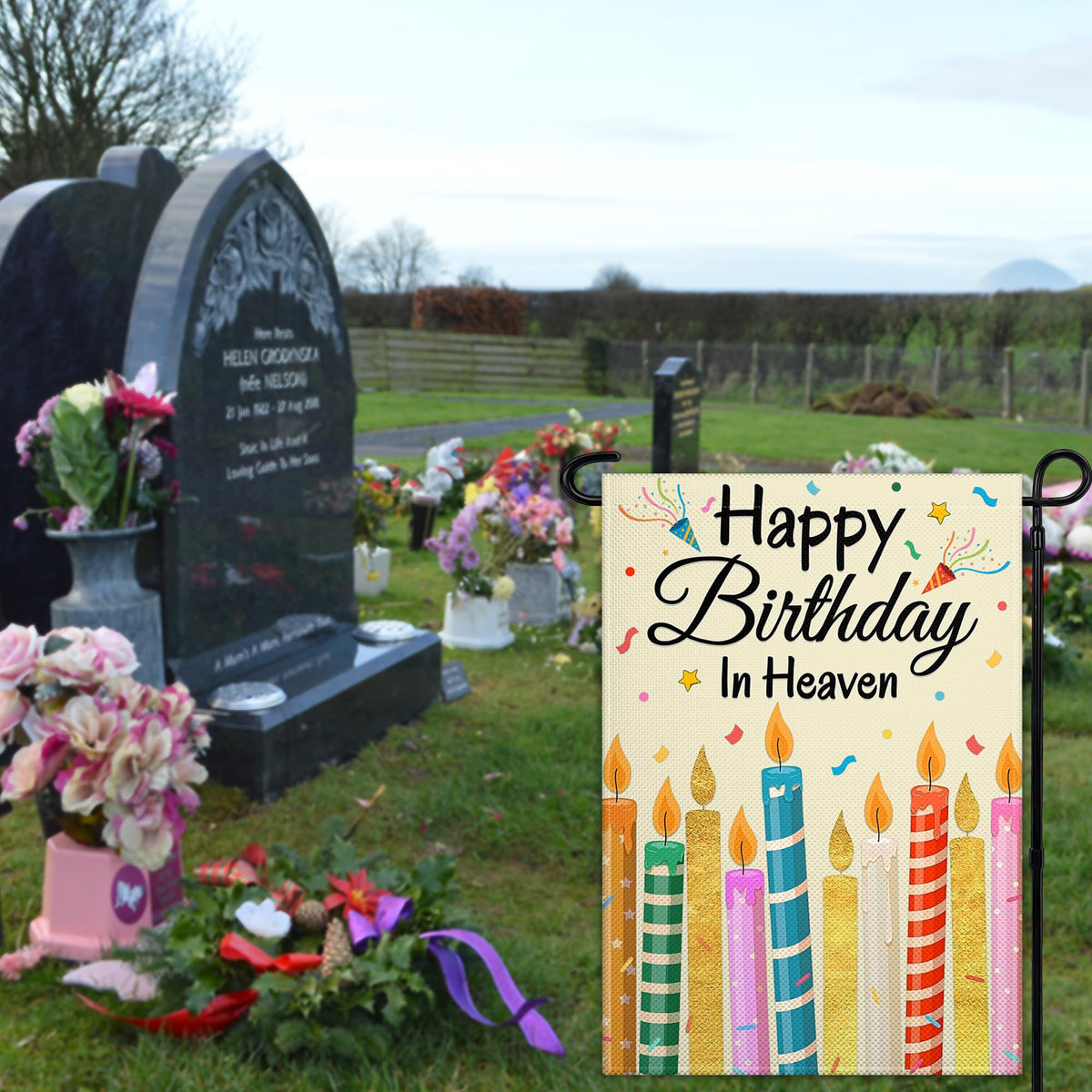 Siixoi Happy Birthday In Heaven flag back view, double-sided visibility for lasting remembrance.