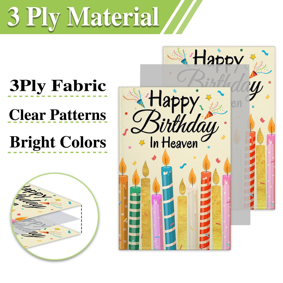 Siixoi Happy Birthday In Heaven flag folded, lightweight and portable for easy hanging.