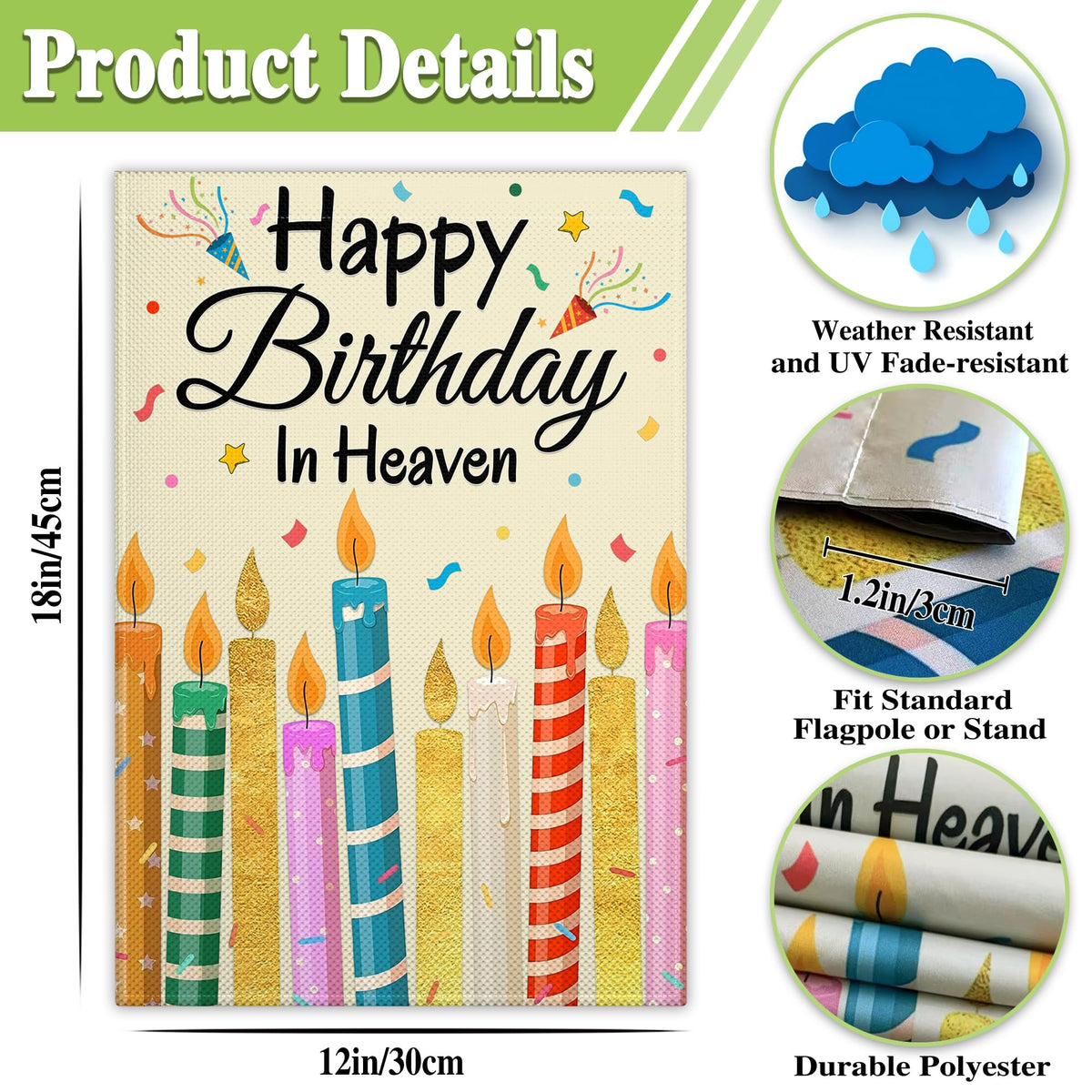 Siixoi Happy Birthday In Heaven flag side view, 12x18 inch standard size.