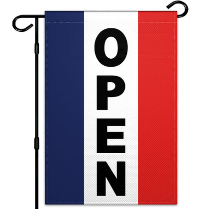 siixoi Open Flag 12x18 front view shows outdoor business messaging.