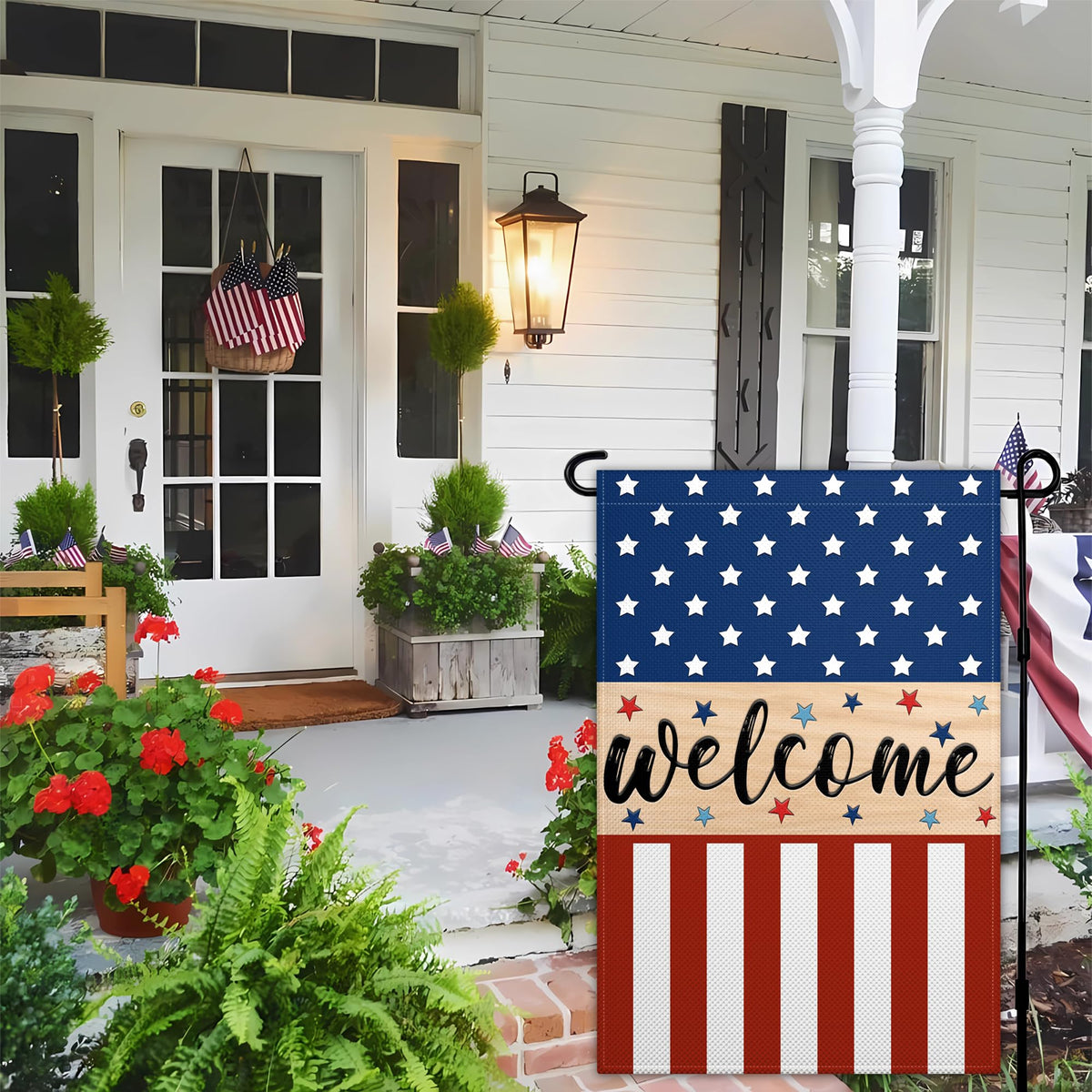 Siixoi patriotic welcome flag 12x18 greets guests on porch or lawn