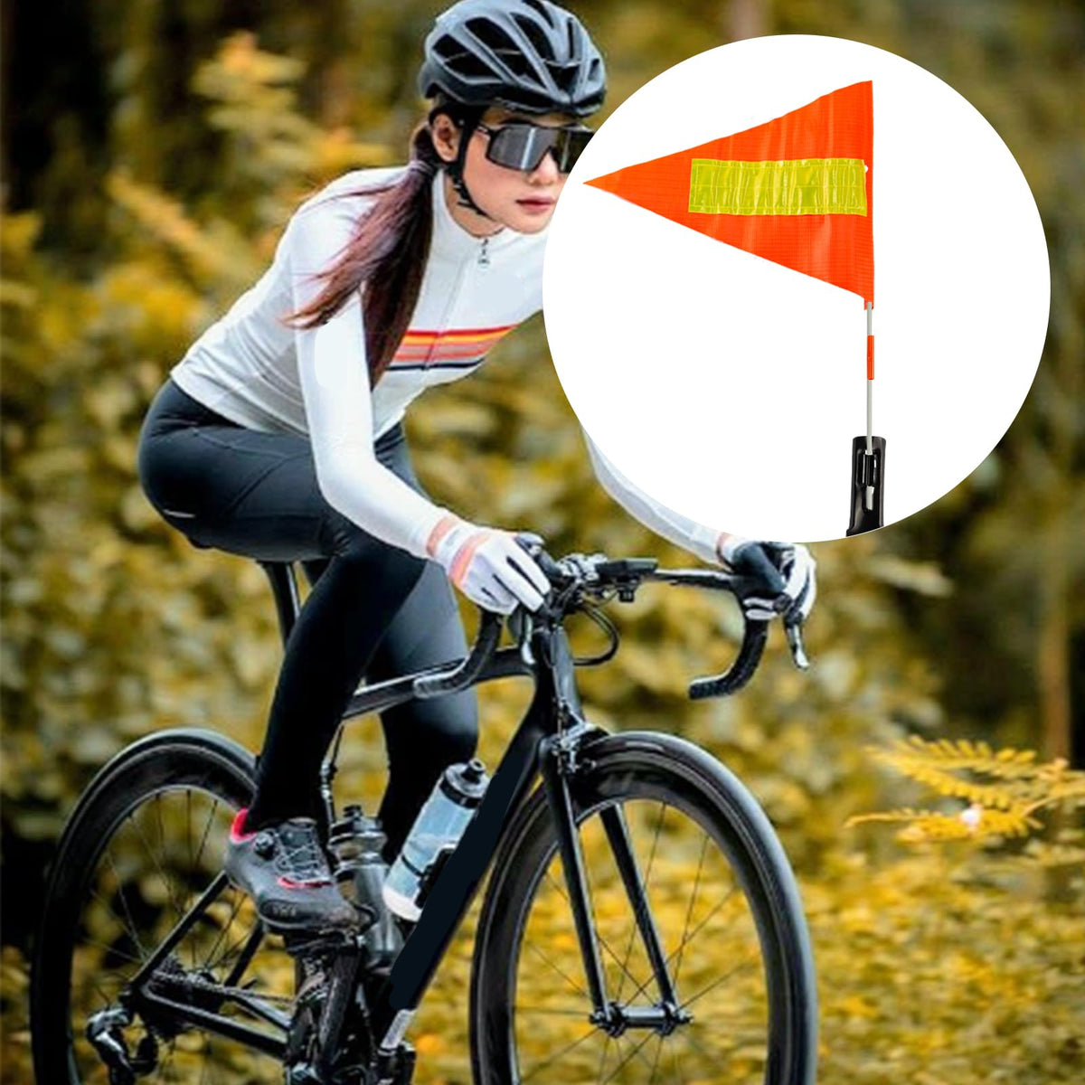 Siktorrwd orange bike flag mounted on a bicycle enhances conspicuity on busy routes.