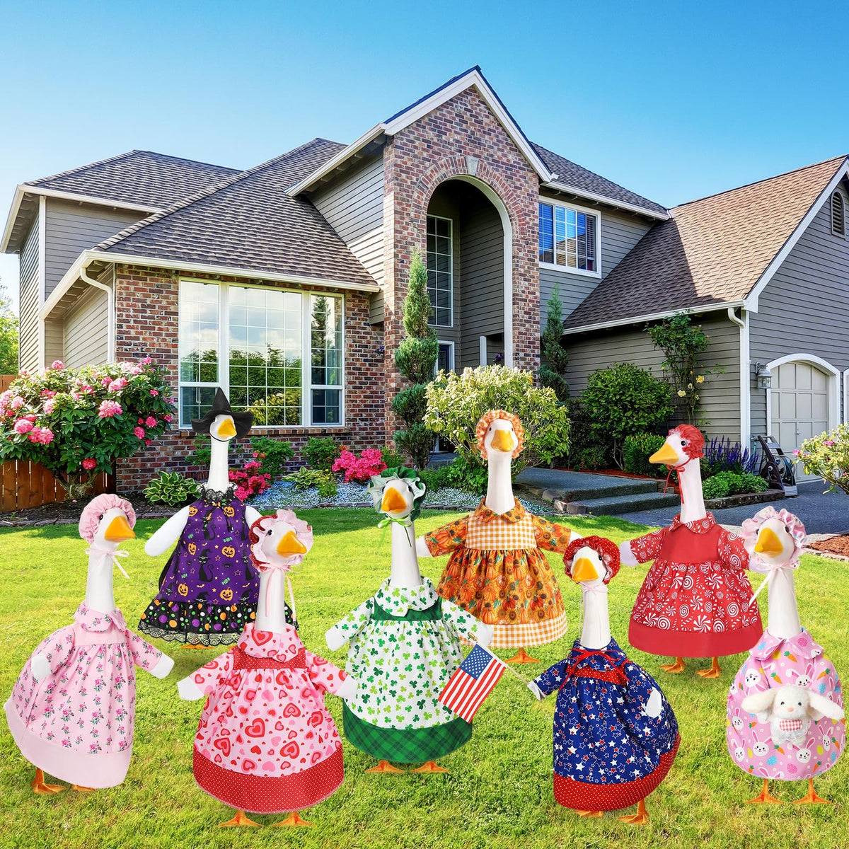 Silicherry Christmas goose outfit with candy motifs on porch statue