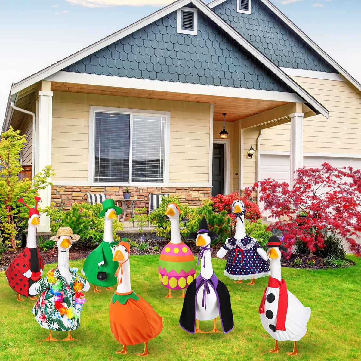 Silicherry Halloween goose outfit creates whimsical garden focal point.