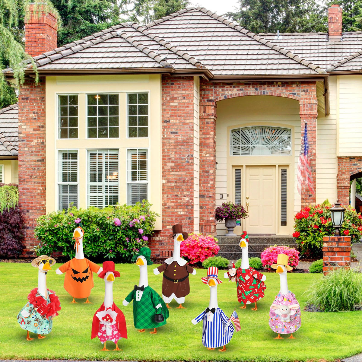 Silicherry year-round goose outfits bring colorful holiday looks to outdoor spaces.