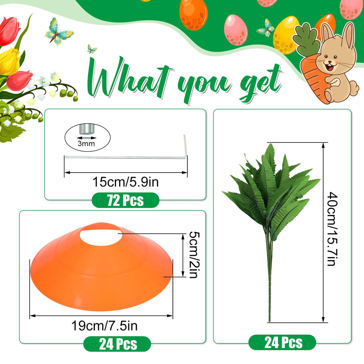 Silipull green artificial leaves complement carrot stakes for a lush garden look.