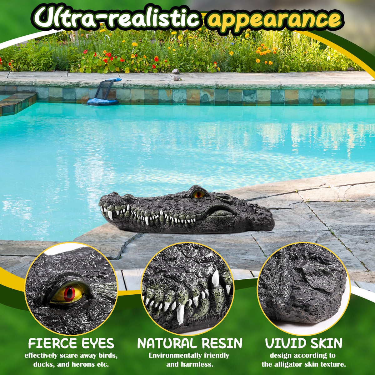 Silipull pool float crocodile head adds pool ambiance while deterring birds.