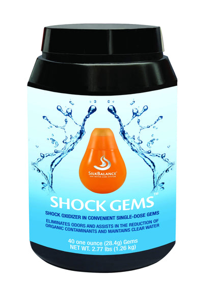 Silk Balance Shock Gems packaging, a convenient non-chlorine spa treatment for clearer water.