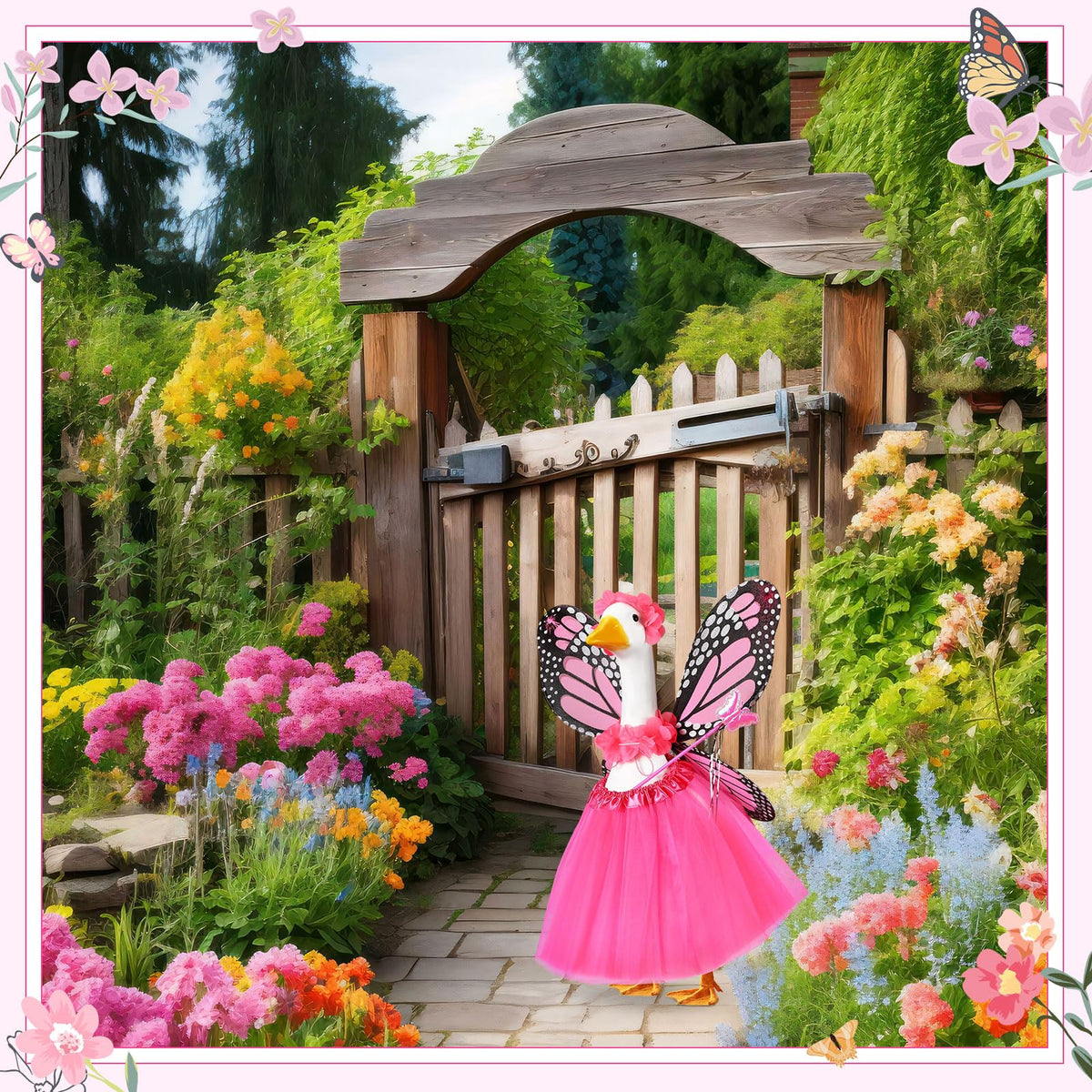 SilTriangle porch decoration idea with goose outfit in pink, festive display