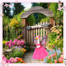 SilTriangle porch decoration idea with goose outfit in pink, festive display