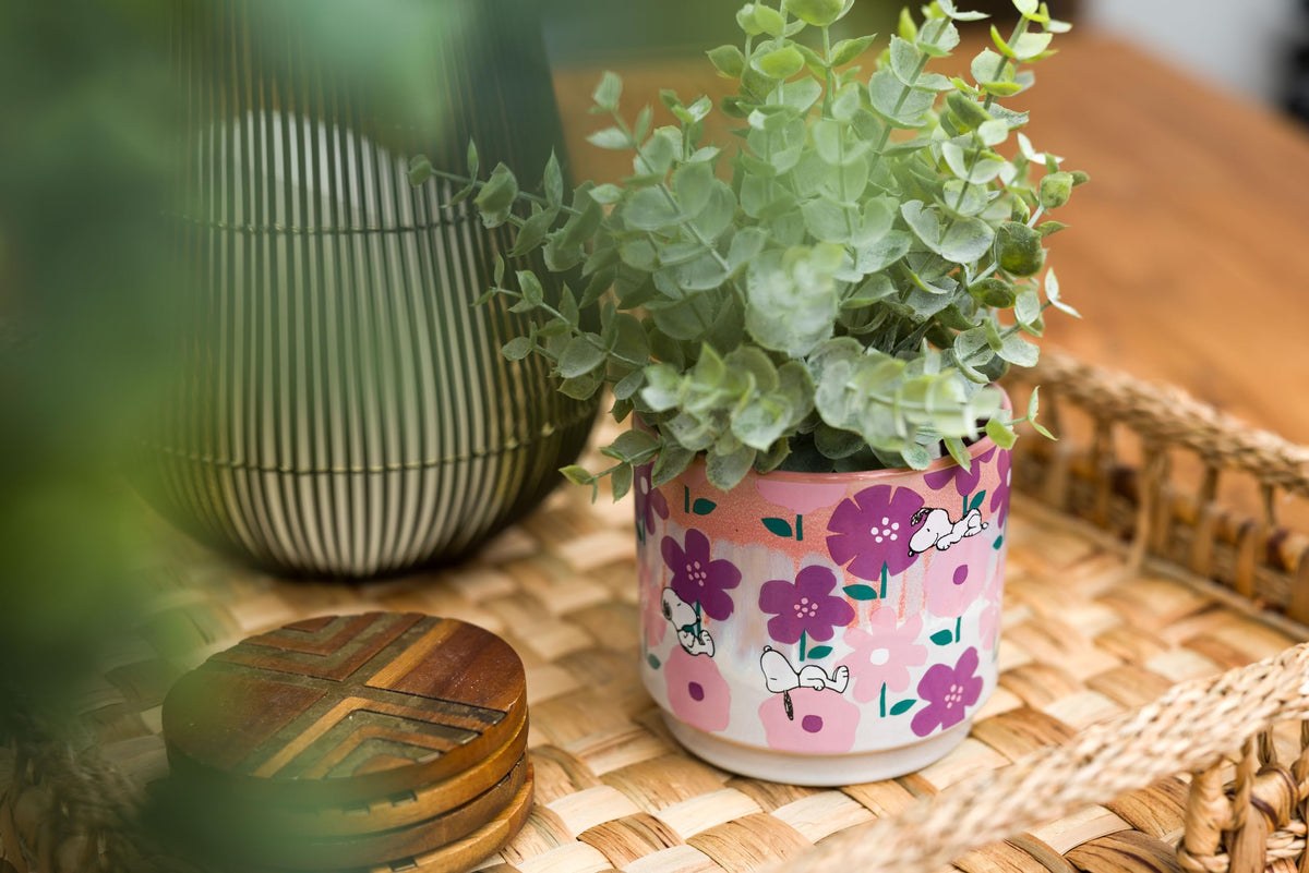 Silver Buffalo Snoopy planter close-up showing one-of-a-kind reactive glaze variation for visual interest
