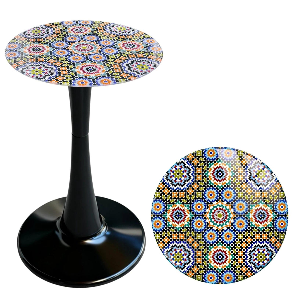 Simmer Stone Morocco printed glass top adds vibrant color to an outdoor space.