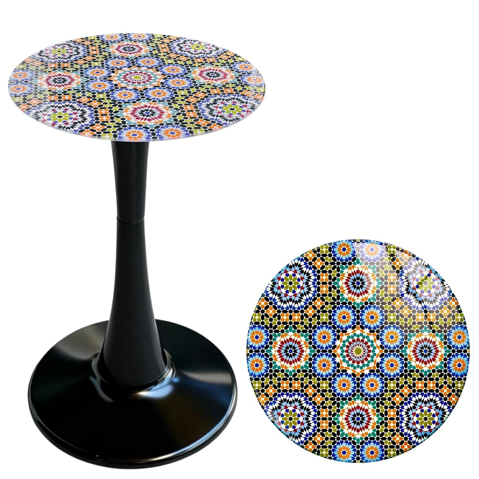 Simmer Stone Morocco printed glass top adds vibrant color to an outdoor space.