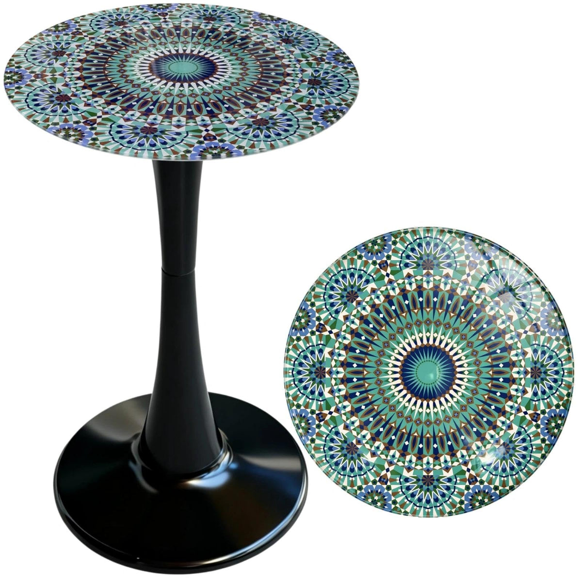 Simmer Stone outdoor side table with blue Morocco printed glass top, ideal for drinks and plants.