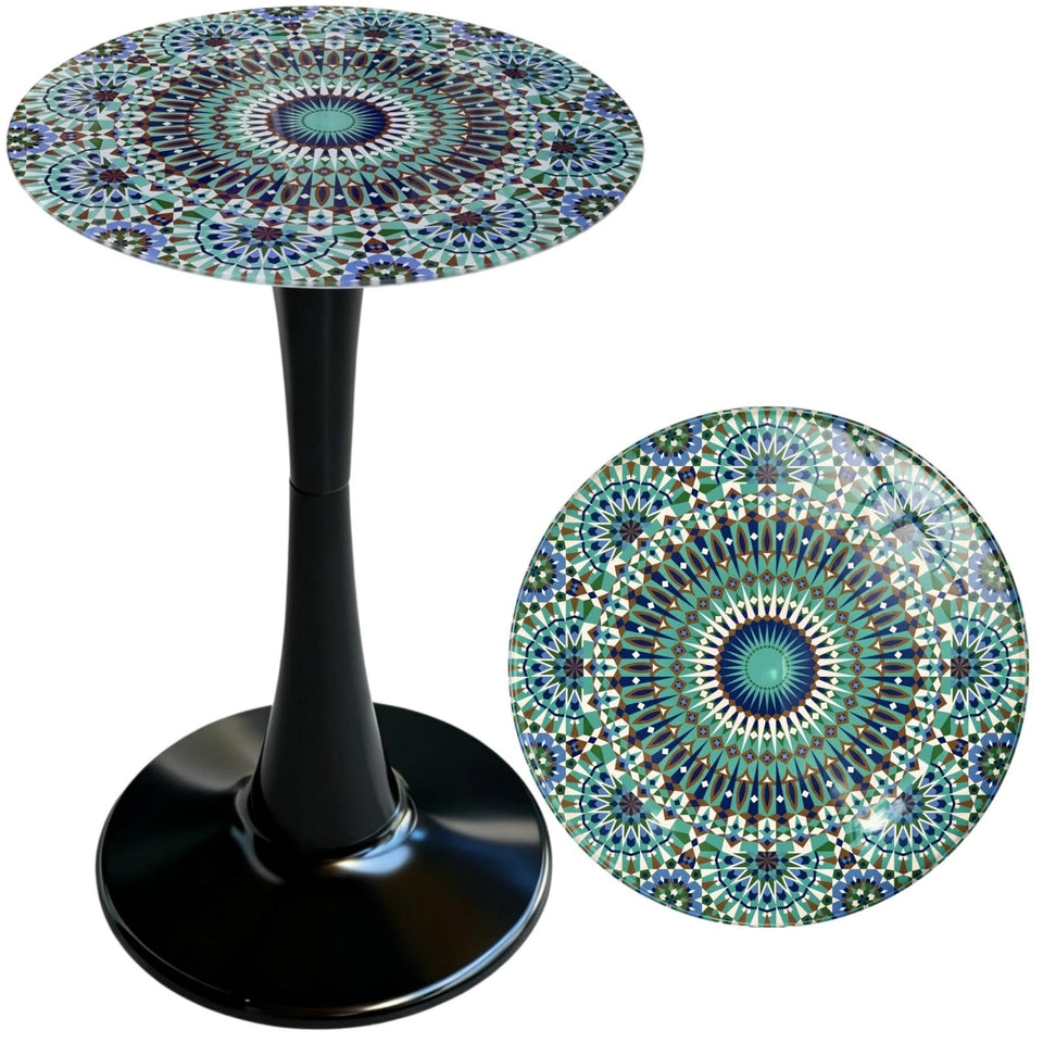 Simmer Stone outdoor side table with blue Morocco printed glass top, ideal for drinks and plants.