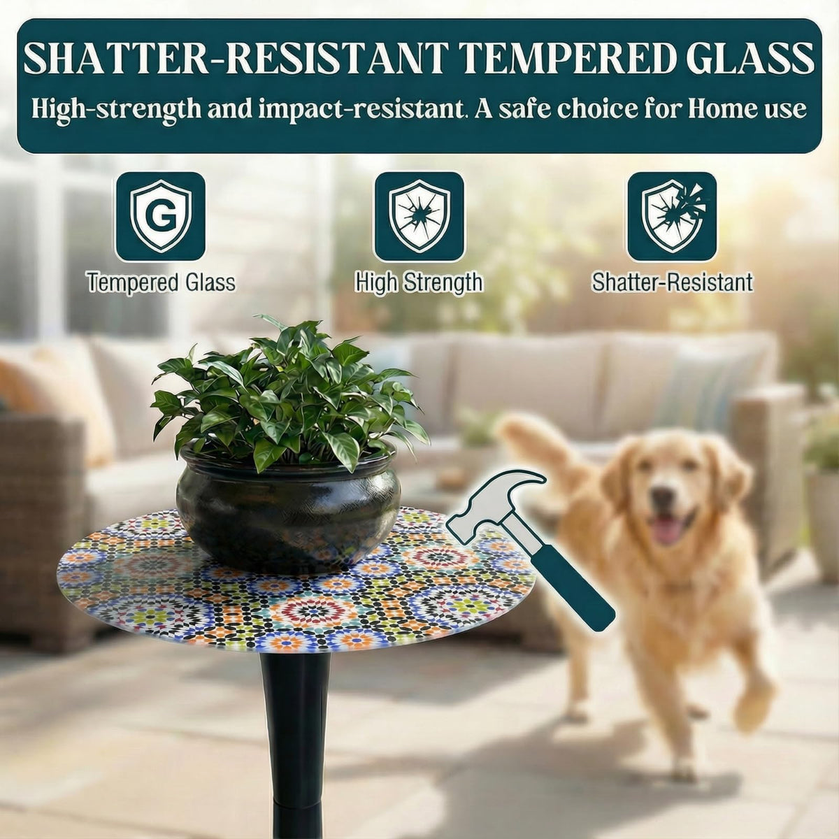 Simmer Stone stylish decor complements retro and modern patio styles.