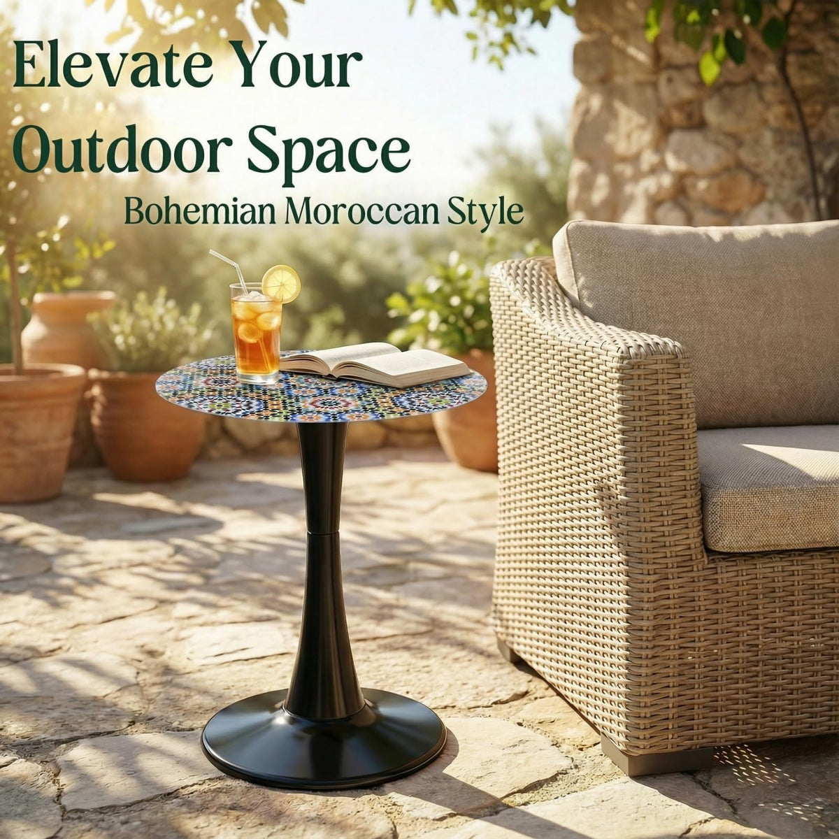 Simmer Stone round tempered glass surface resists scratches for everyday garden use.