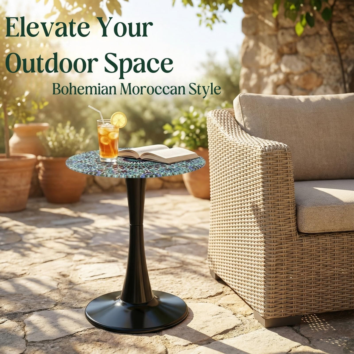 Simmer Stone round patio table with tempered glass top adds color to any balcony.